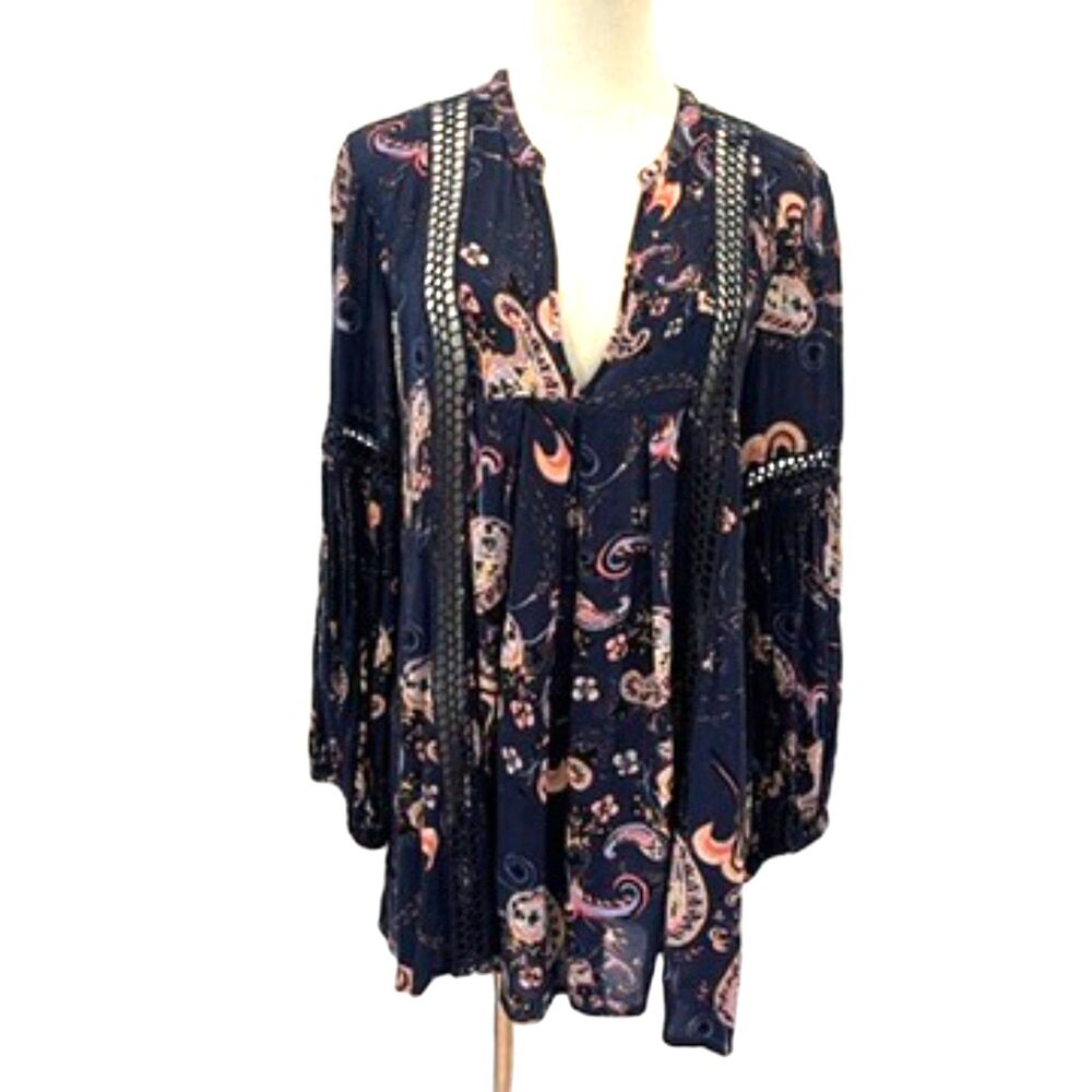 Free People Just the Two of Us Paisley Tunic Mini Boho Peasant Small Navy Blue - Picture 2 of 8